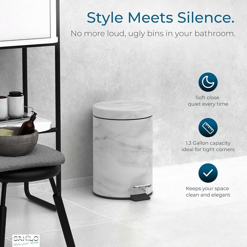 Sanilo Small Bathroom Trash Can with Lid [1.3 Gallon] - Lidded Tiny Trashcan for Garbage - Mini Metal Bin with Soft Closing Mechanism - Bath Room Accessoire Wastebin with Inner Bucket (Marble) - Image 3
